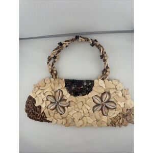 Artisan Handcrafted Cowrie Shell Bone Mosaic Handbag Boho Coastal Cream Brown
